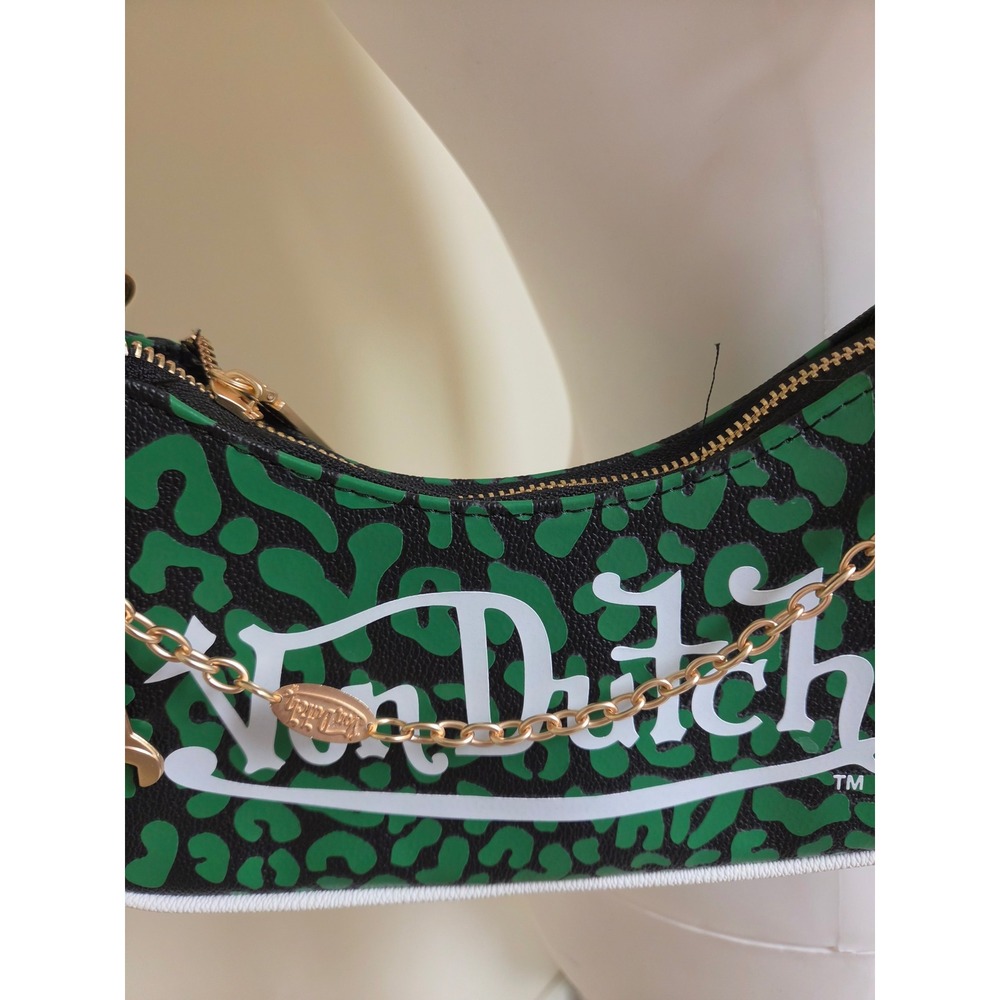 Von Dutch Green Leopard Print Baguette Shoulder Bag Y2K Streetwear Logo Purse - Picture 2 of 9
